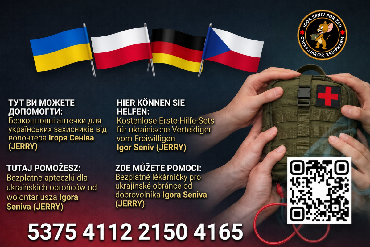 Банер збору на безкоштовні аптечки для українських захисників: прапори України, Польщі, Німеччини та Чехії, руки тримають військову аптечку з червоним хрестом, QR-код і реквізити для донату, текст українською, німецькою, польською та чеською.